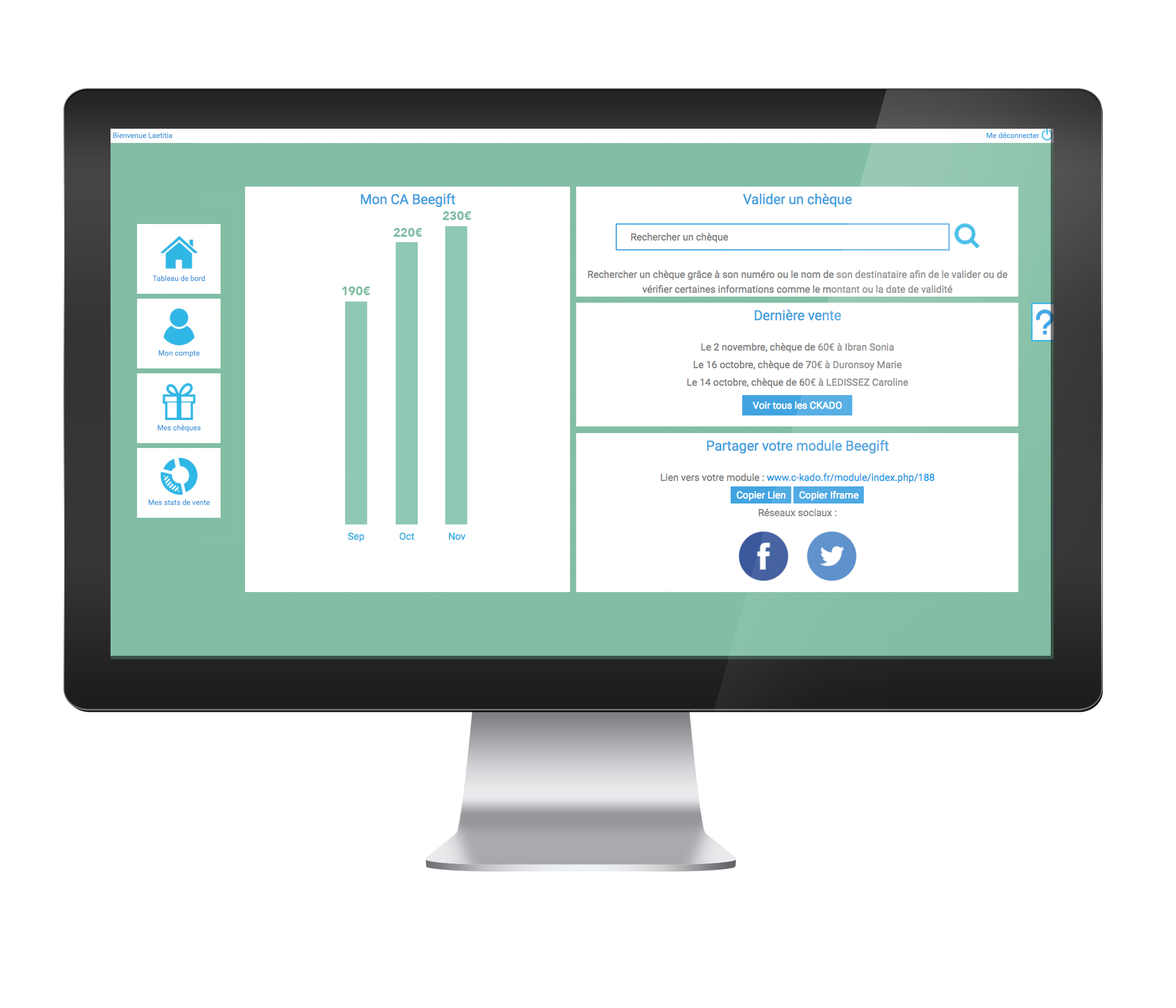 tableau de bord Beegift